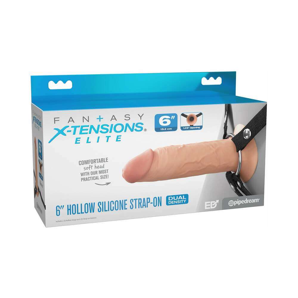 Fantasy X-Tensions Elite Hollow Silicone Strap-On 6 inch Light product packaging showing design and features.