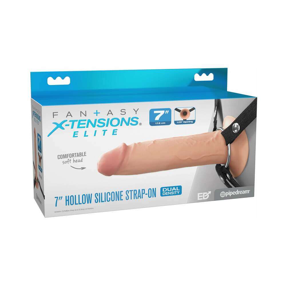 Fantasy X-Tensions Elite Hollow Silicone Strap-On 7 inch Light package showcasing dual-density design and comfortable soft head.