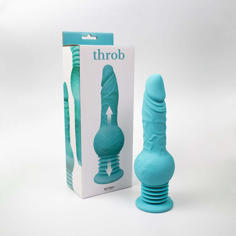 Throb Thrusting Dildo with Balls & Suction Cup Teal displayed with packaging.