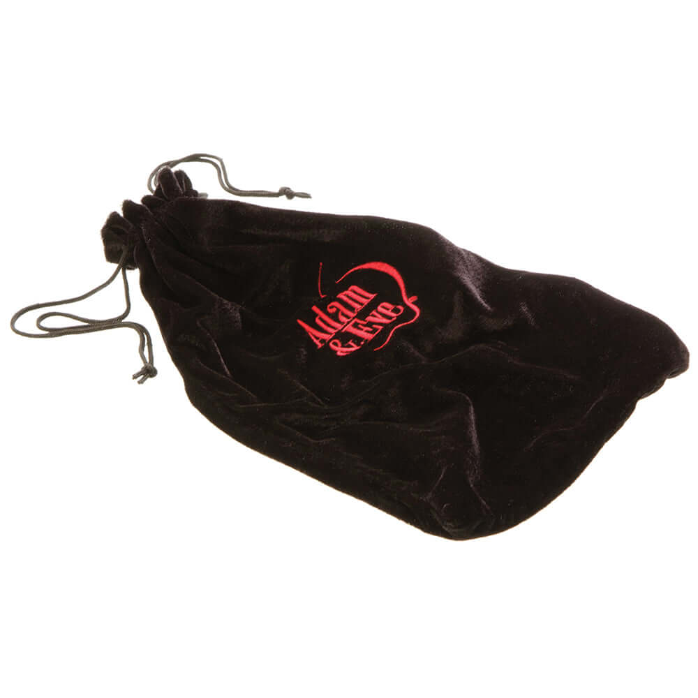 Adam and Eve Velvet Storage Bag in black velvet with red logo, perfect for safe and stylish storage.