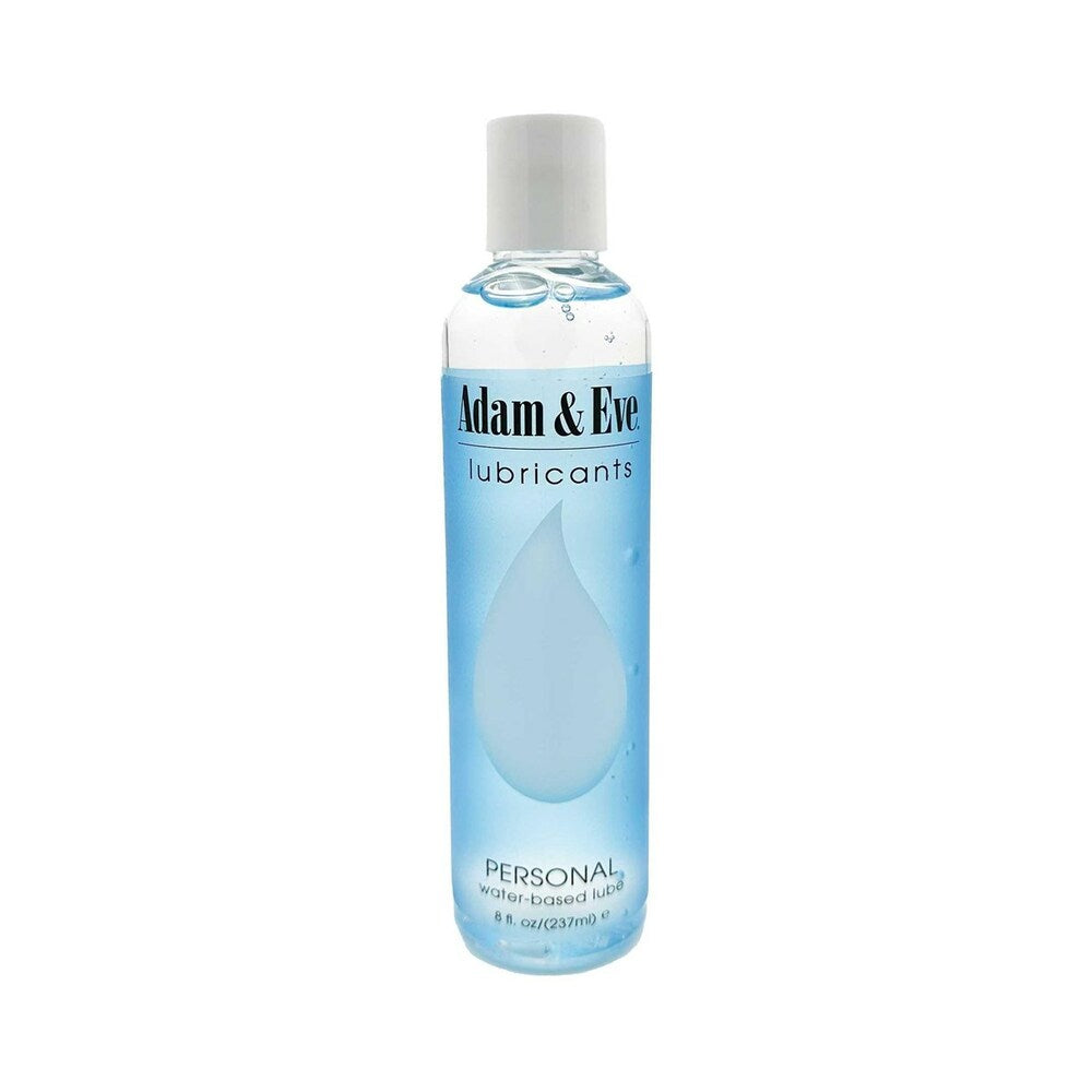 Adam and Eve Personal Water-Based Lubricant 8 Oz bottle with a sleek design and a subtle water droplet graphic.