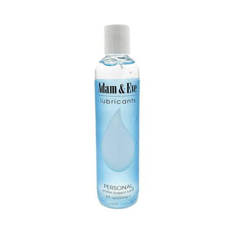 Adam and Eve Personal Water-Based Lubricant 8 Oz bottle with a sleek design and a subtle water droplet graphic.