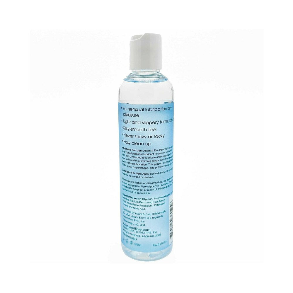 Adam and Eve Personal Water-Based Lubricant 8 Oz bottle showcasing its light and slippery formula for enhanced pleasure.