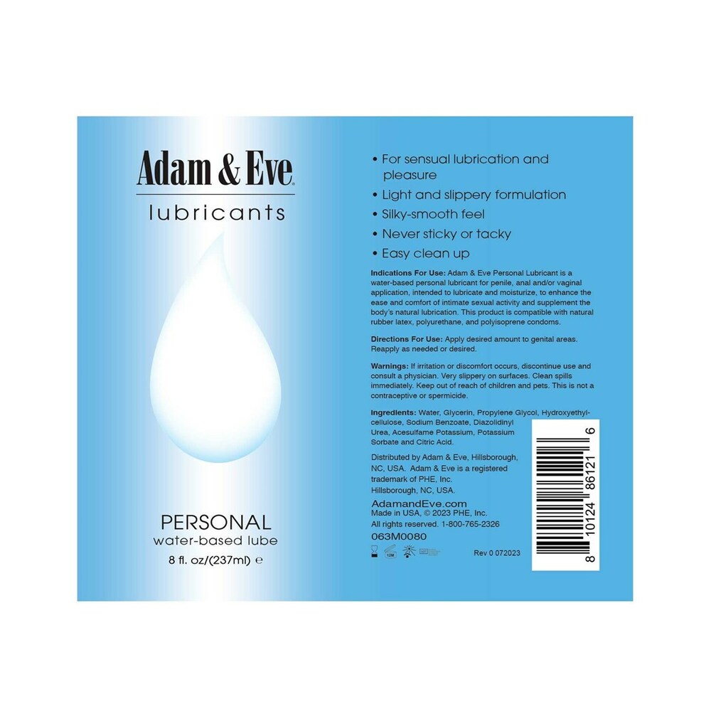 Adam and Eve Personal Water-Based Lubricant 8 Oz bottle label showcasing its silky-smooth formulation and easy cleanup.