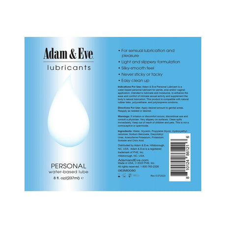 Adam and Eve Personal Water-Based Lubricant 8 Oz bottle label showcasing its silky-smooth formulation and easy cleanup.