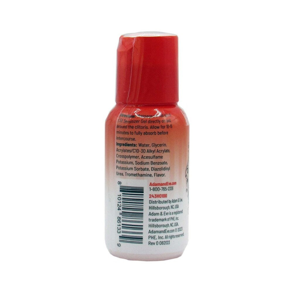 Adam and Eve Strawberry Clit Sensitizer 1 Oz back view showing ingredients and details.