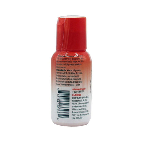 Adam and Eve Strawberry Clit Sensitizer 1 Oz back view showing ingredients and details.