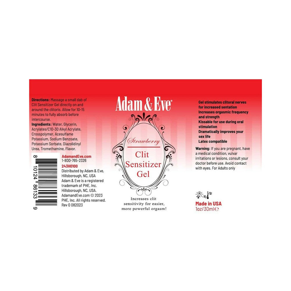 Adam and Eve Strawberry Clit Sensitizer 1 Oz packaging showing product details and instructions for use.
