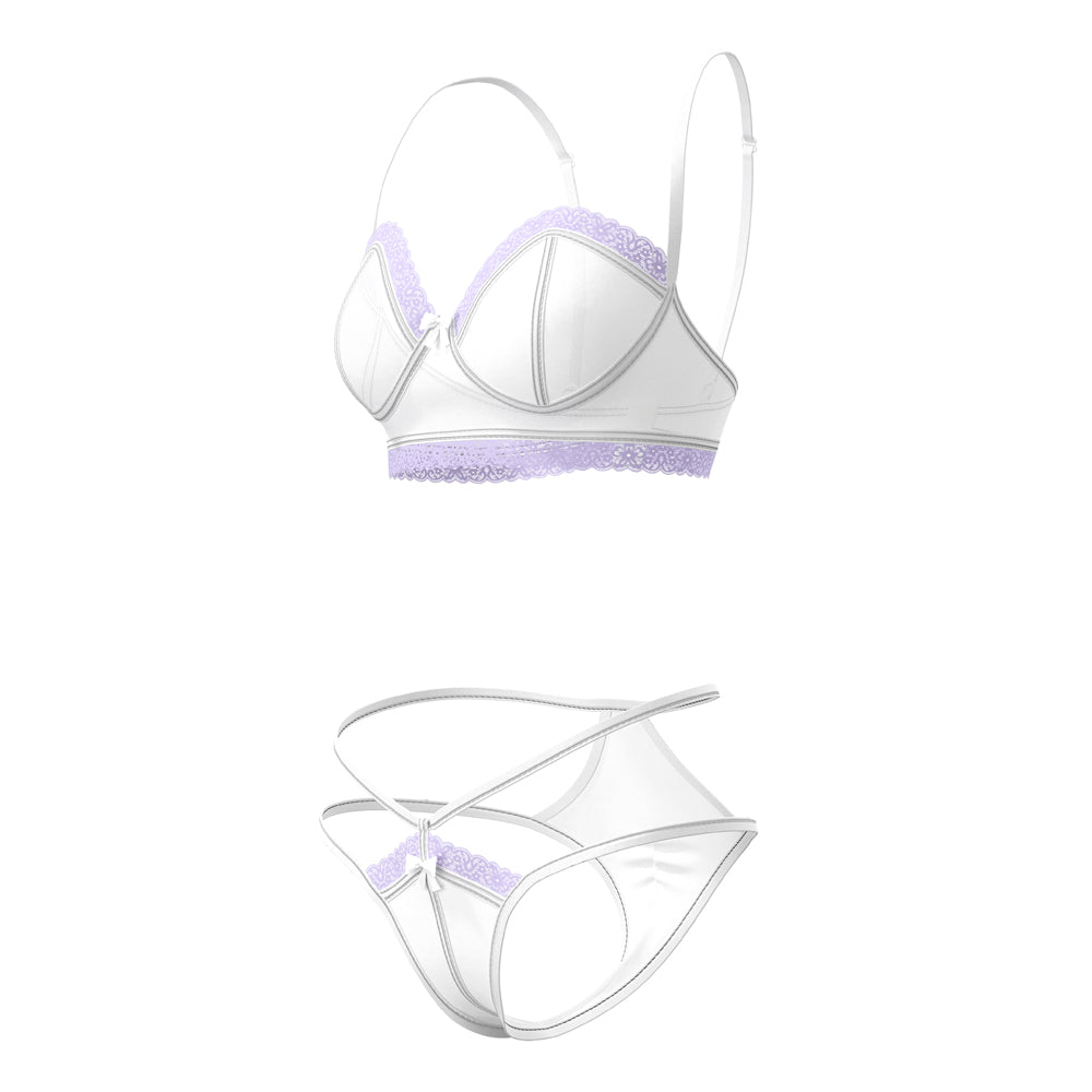 Magic Silk Sheer Passion Demi Bra & High Cut Tanga White/Lavender Queen Size