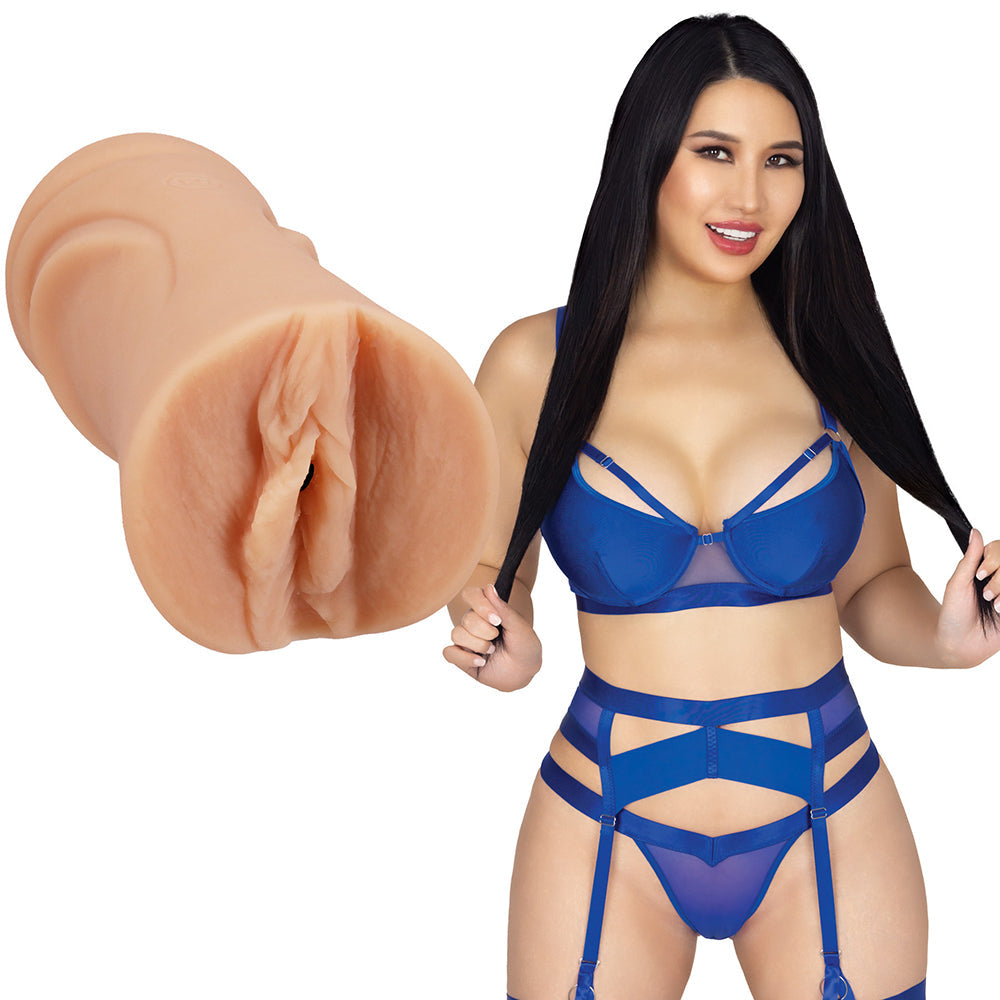 Signature Strokers Suki Sin ULTRASKYN Pocket Pussy Vanilla with model in lingerie, showing product details.