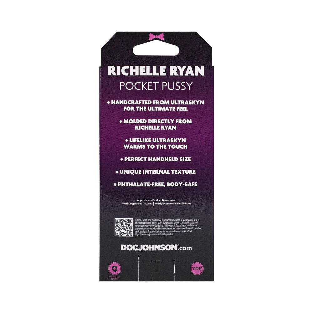 Richelle Ryan Pocket Pussy packaging showing product features like handcrafted ULTRASKYN, perfect handheld size, and body-safe material.