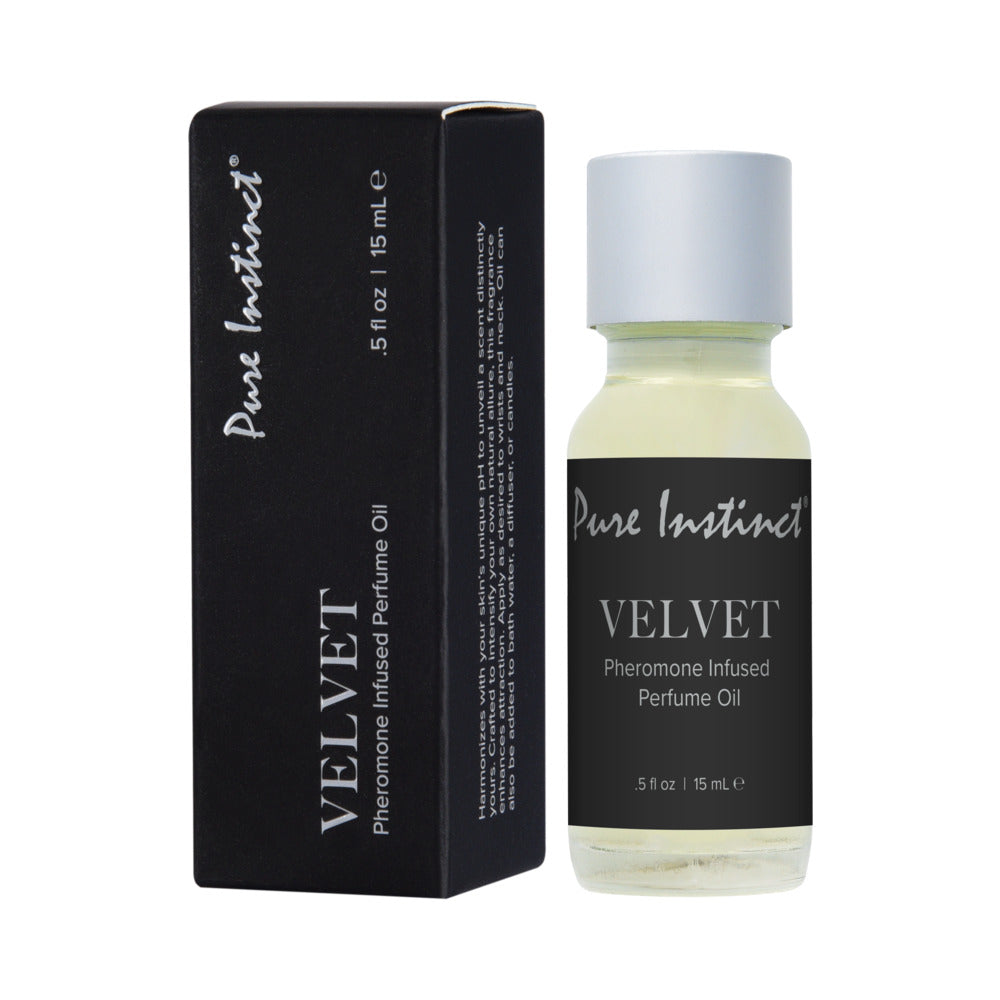 Pure Instinct Pheromone Perfume Oil Velvet Dropper 0.5 Oz in stylish packaging with dropper bottle.
