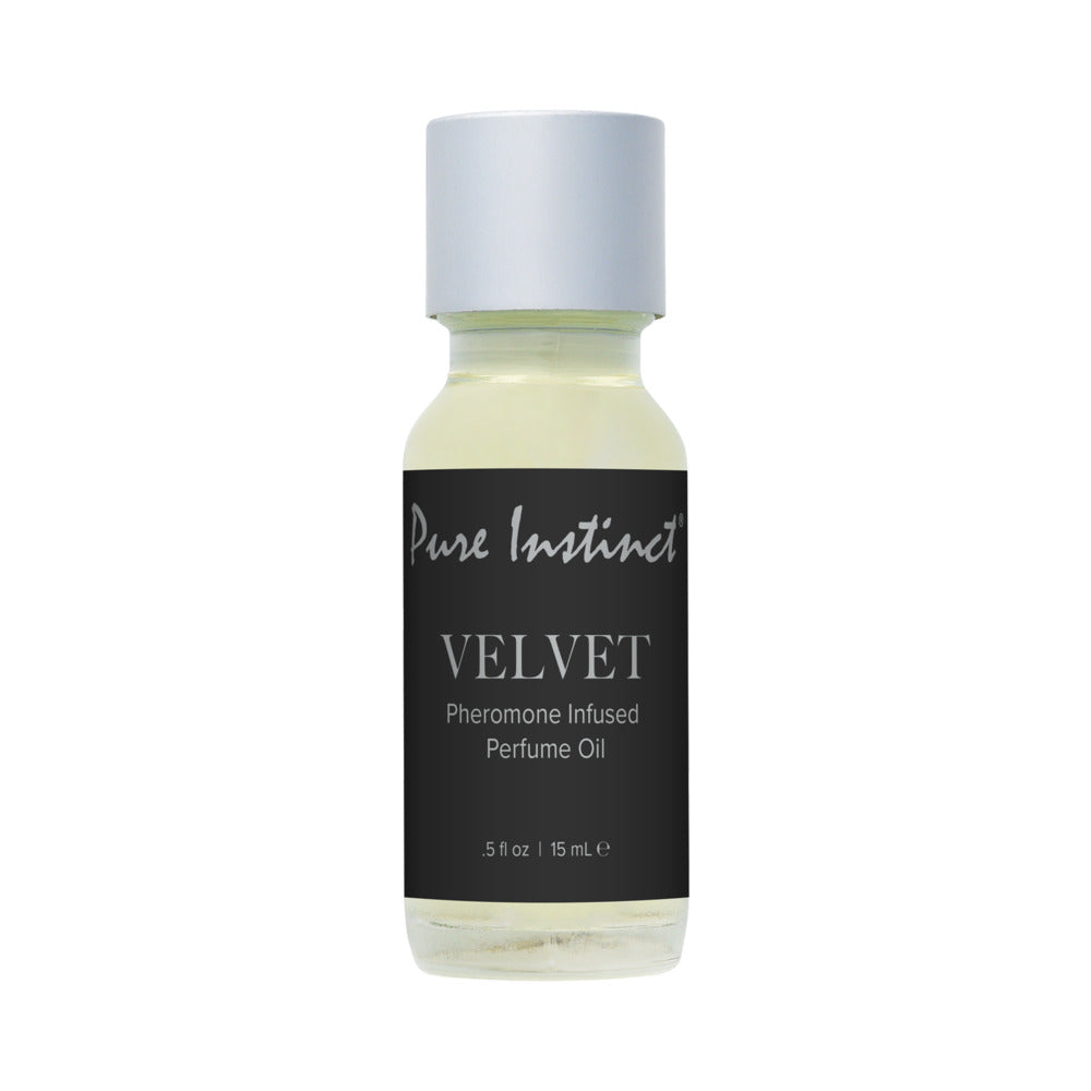 Pure Instinct Pheromone Perfume Oil Velvet Dropper 0.5 Oz in a sleek bottle with a stylish cap.