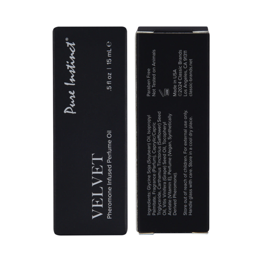 Pure Instinct Pheromone Perfume Oil Velvet Dropper 0.5 Oz packaging front and back view.