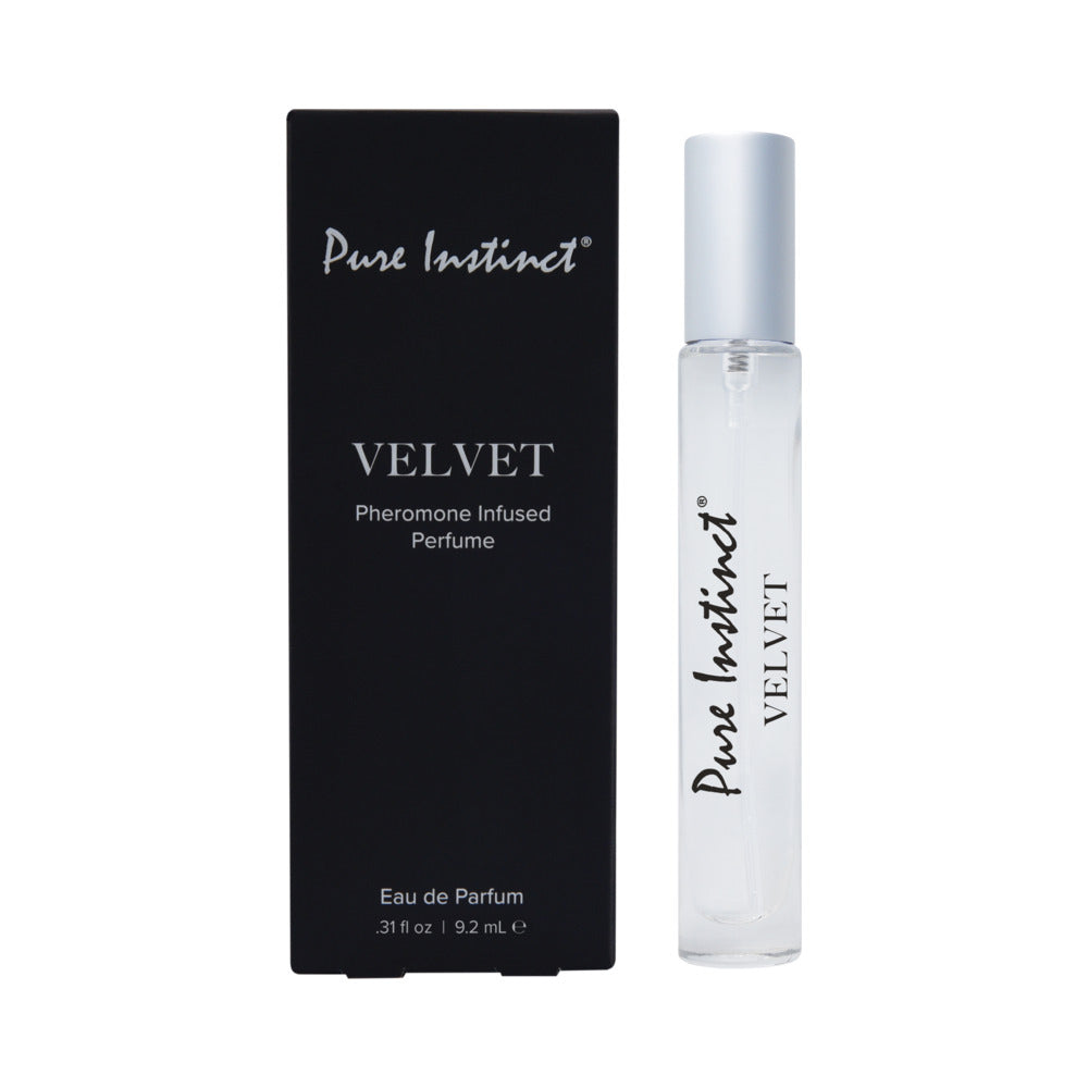 Pure Instinct Pheromone Perfume Spray Velvet 0.31 Oz in a sleek bottle and box design.