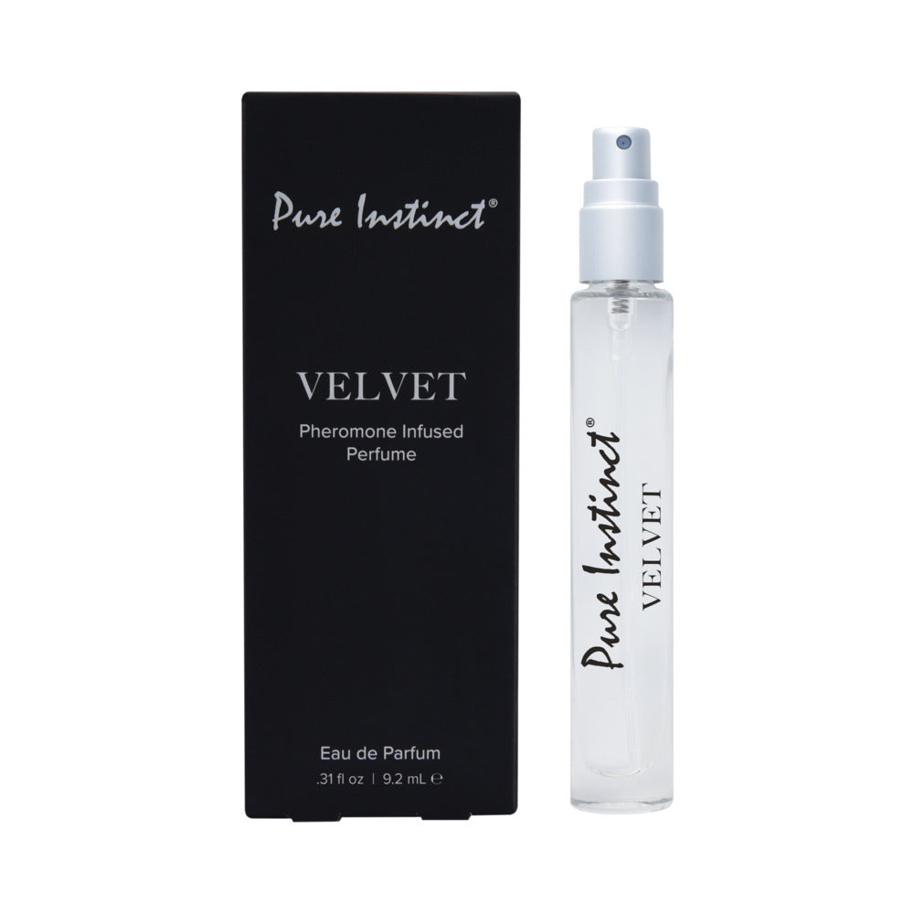 Pure Instinct Pheromone Perfume Spray Velvet 0.31 Oz in a transparent bottle with a black box packaging.