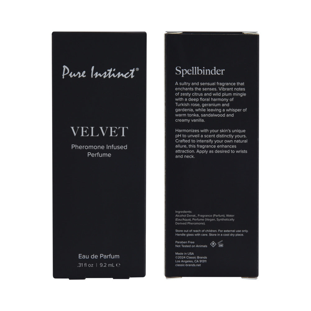 Pure Instinct Pheromone Perfume Spray Velvet 0.31 Oz packaging, featuring Spellbinder fragrance description.