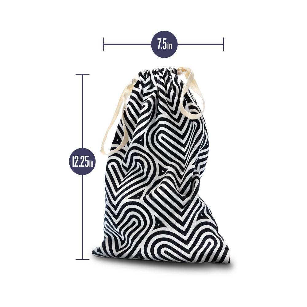 The Collection Bomba Cotton Toy Bag showcasing its heart pattern design and dimensions of 7.5in by 12.25in.