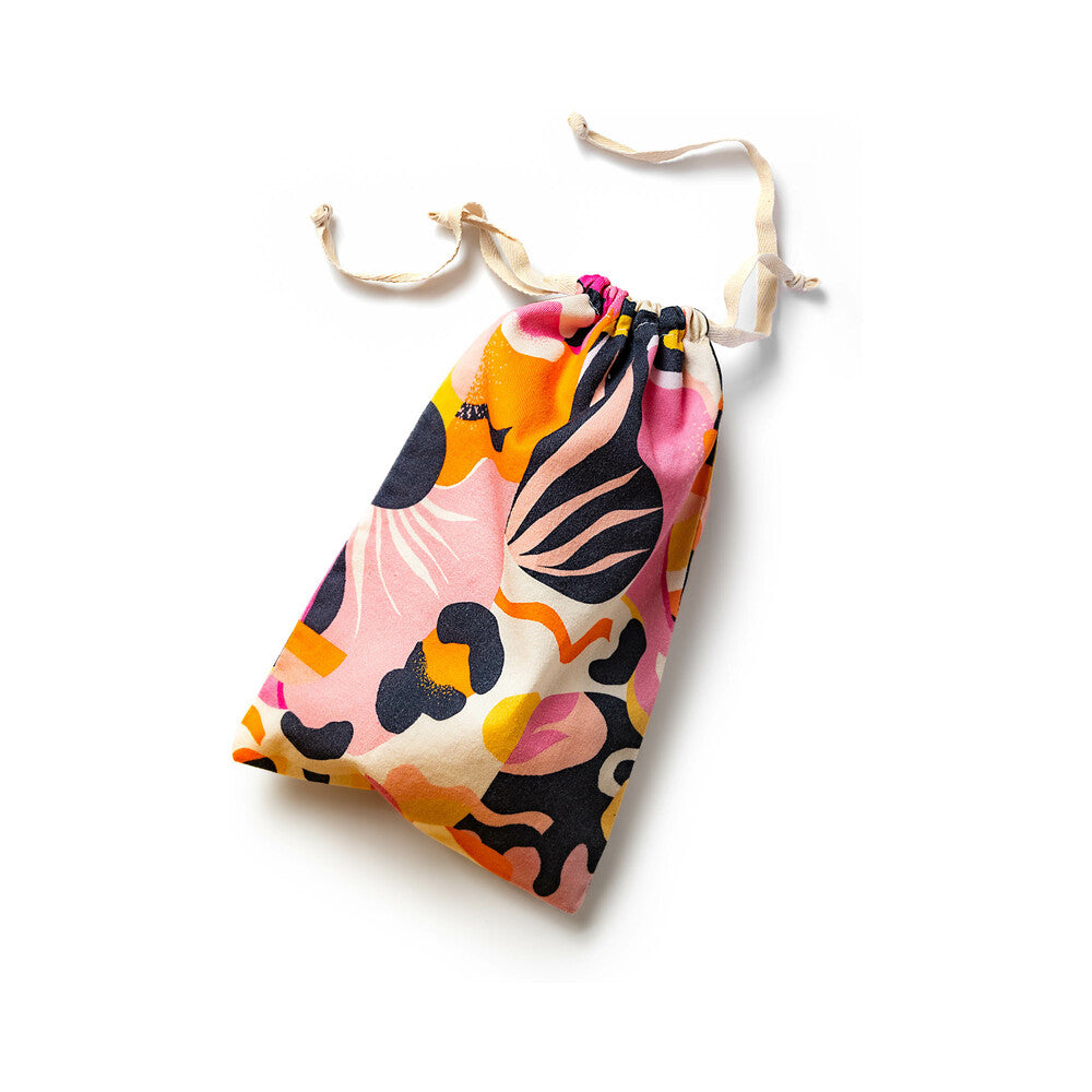 The Collection Burst Cotton Toy Bag in colorful floral pattern, perfect for stylishly storing pleasure essentials.