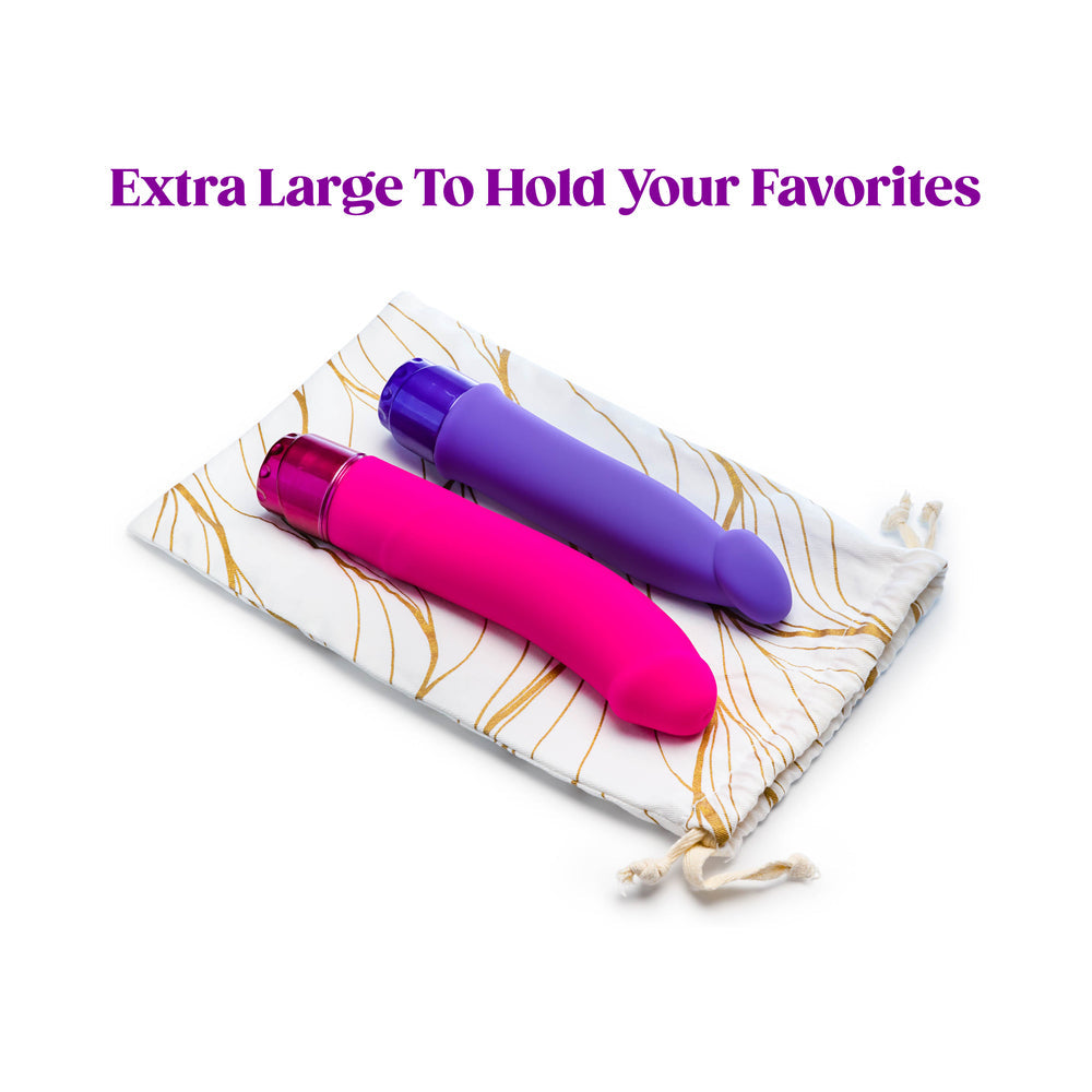 The Collection Embrace Cotton Toy Bag with pink and purple vibrators stored inside.
