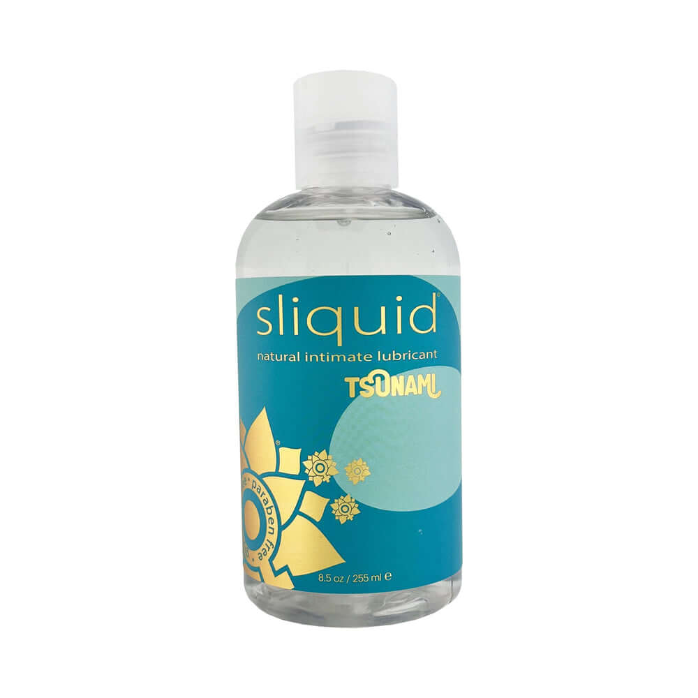Sliquid Tsunami Water-Based Gel Lubricant 8.5 Oz bottle with natural intimate lubricant label.