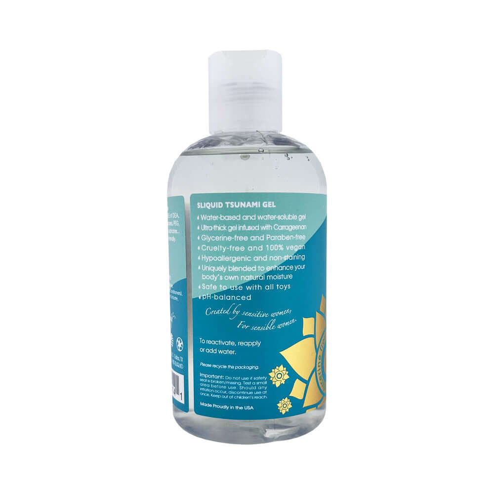 Sliquid Tsunami Water-Based Gel Lubricant 8.5 Oz bottle with instructions and ingredients listed on the back.