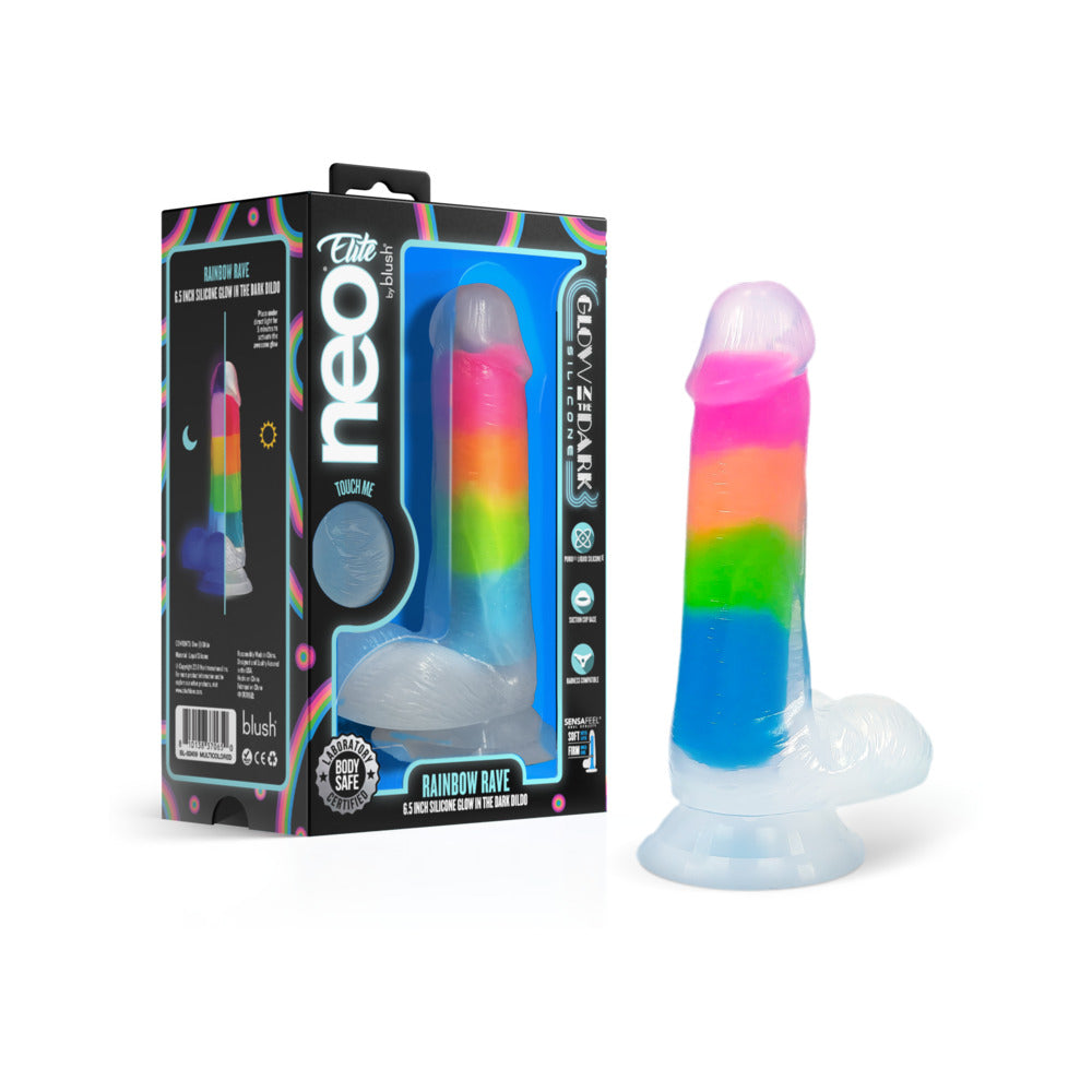 Neo Elite Glow-in-the-Dark Rainbow Rave 6.5 inches Silicone Dual Density Dildo