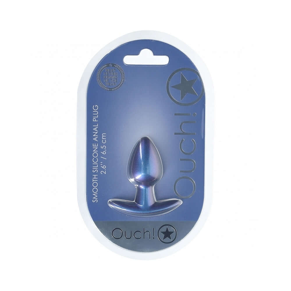 Ouch Smooth Silicone Anal Plug Small 2.6 inch Metallic Blue in its packaging, showcasing sleek design and luxurious finish.