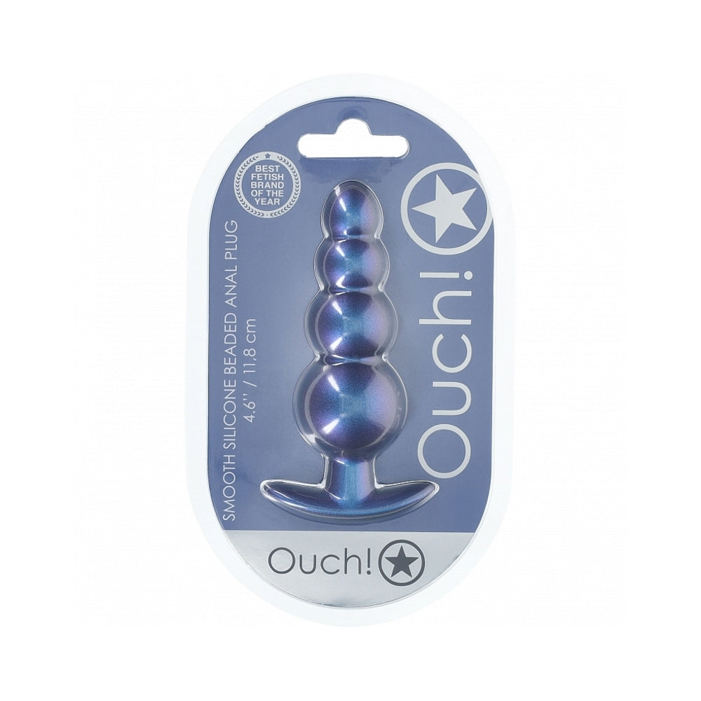Ouch! Smooth Silicone Beaded Anal Plug 4.6 inches Metallic Blue