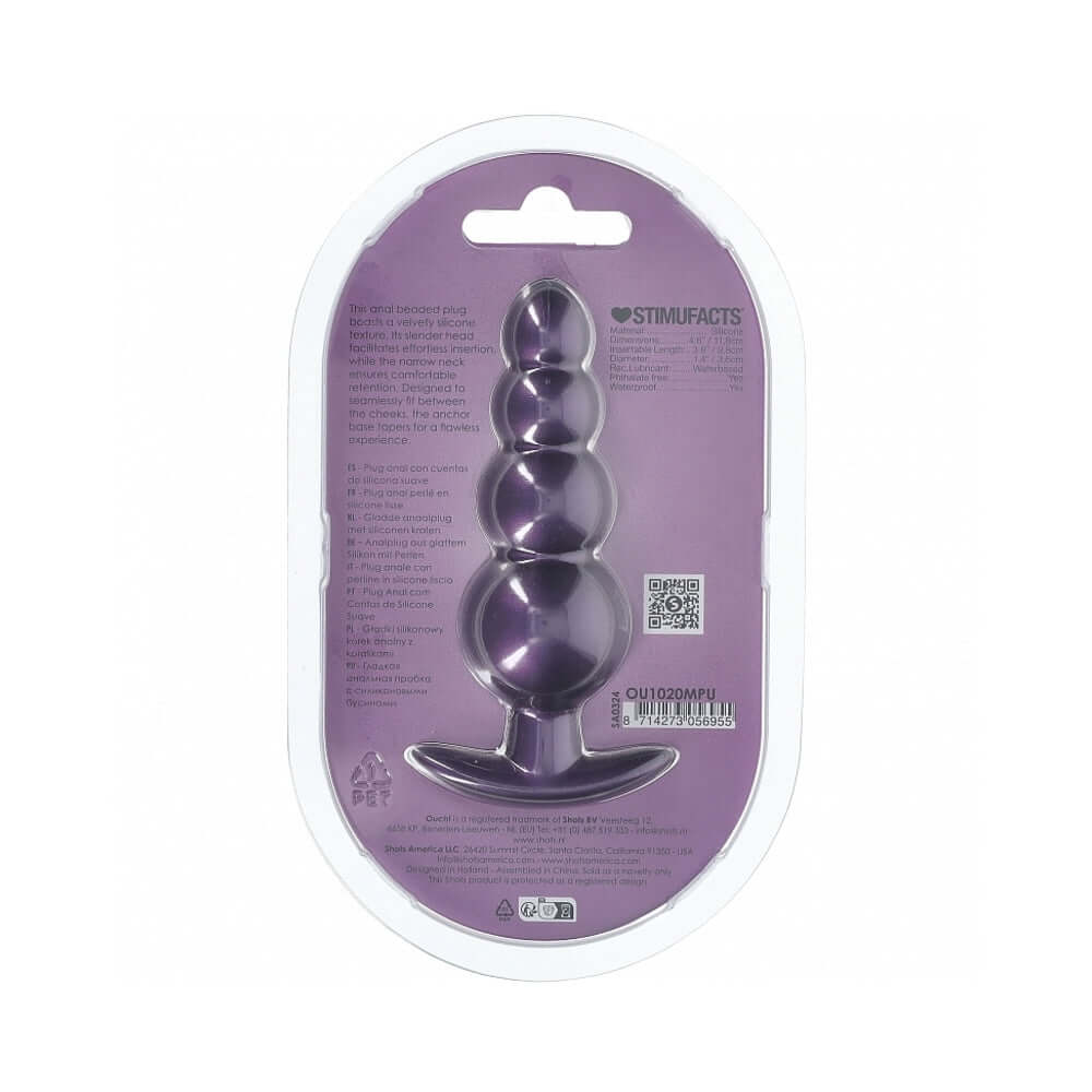 Ouch! Smooth Silicone Beaded Anal Plug 4.6 inches Metallic Purple