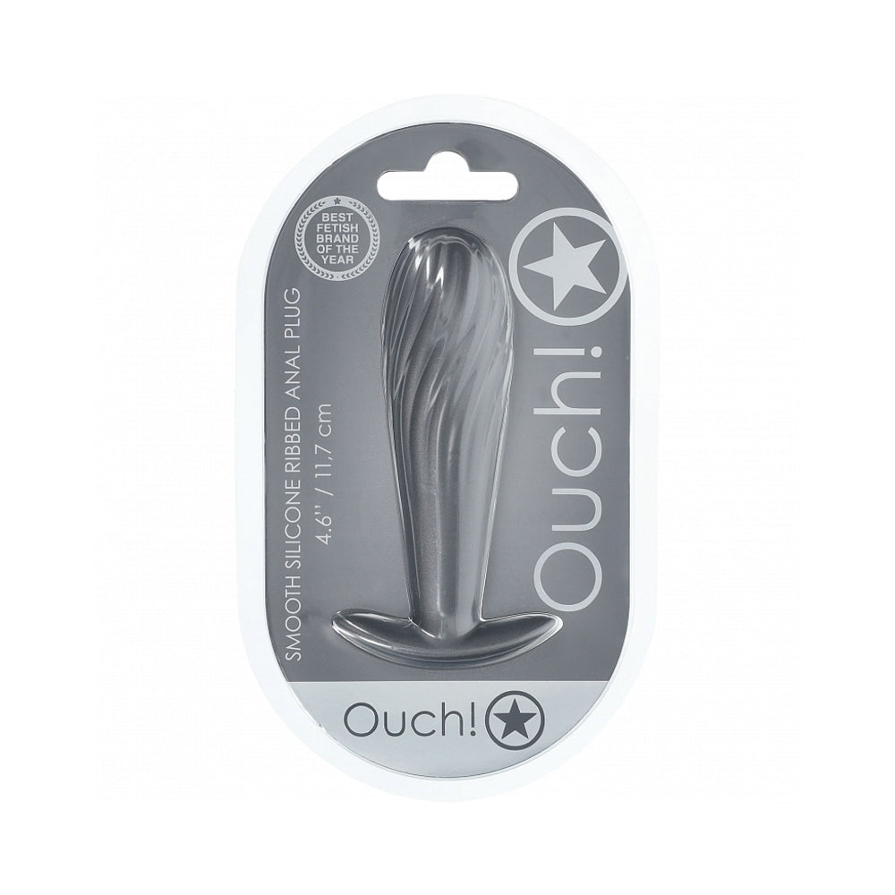 Ouch! Smooth Silicone Ribbed Anal Plug 4.6 inches Gun Metal