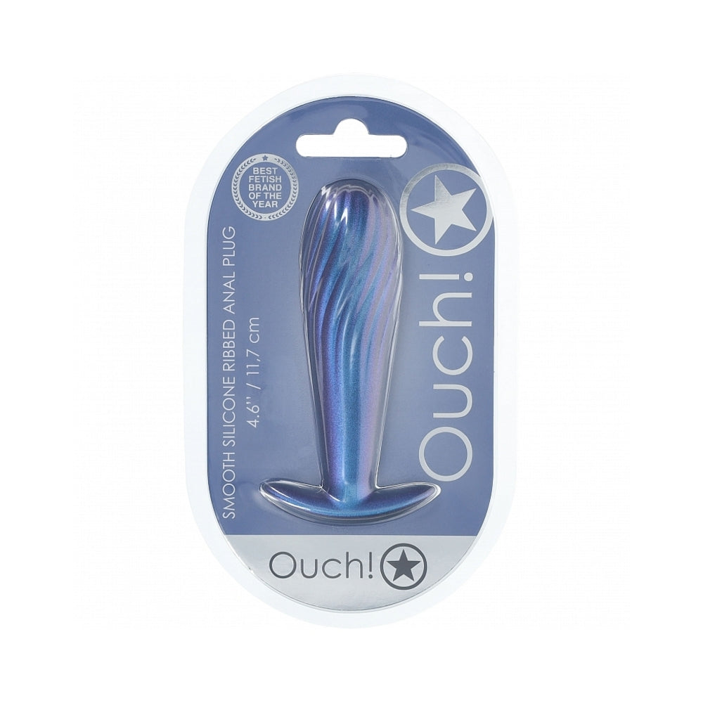 Ouch! Smooth Silicone Ribbed Anal Plug 4.6 inches Metallic Blue