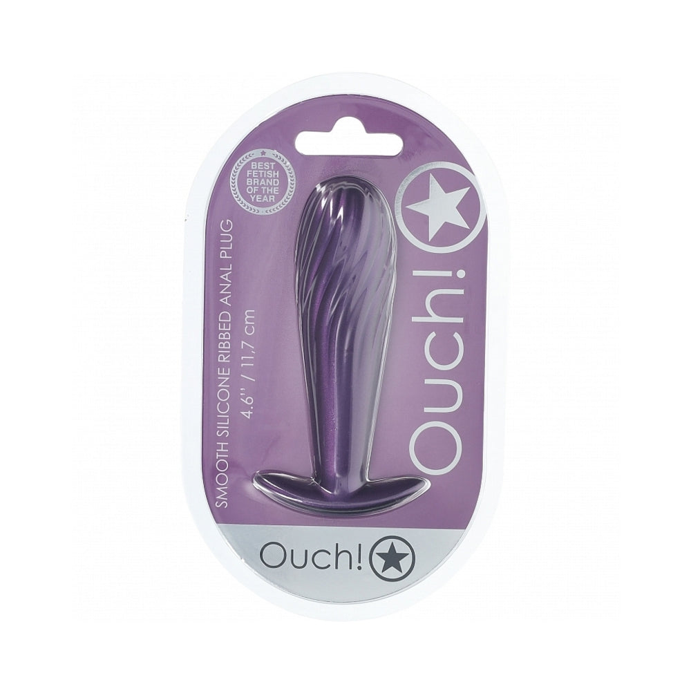 Ouch! Smooth Silicone Ribbed Anal Plug 4.6 inches Metallic Purple
