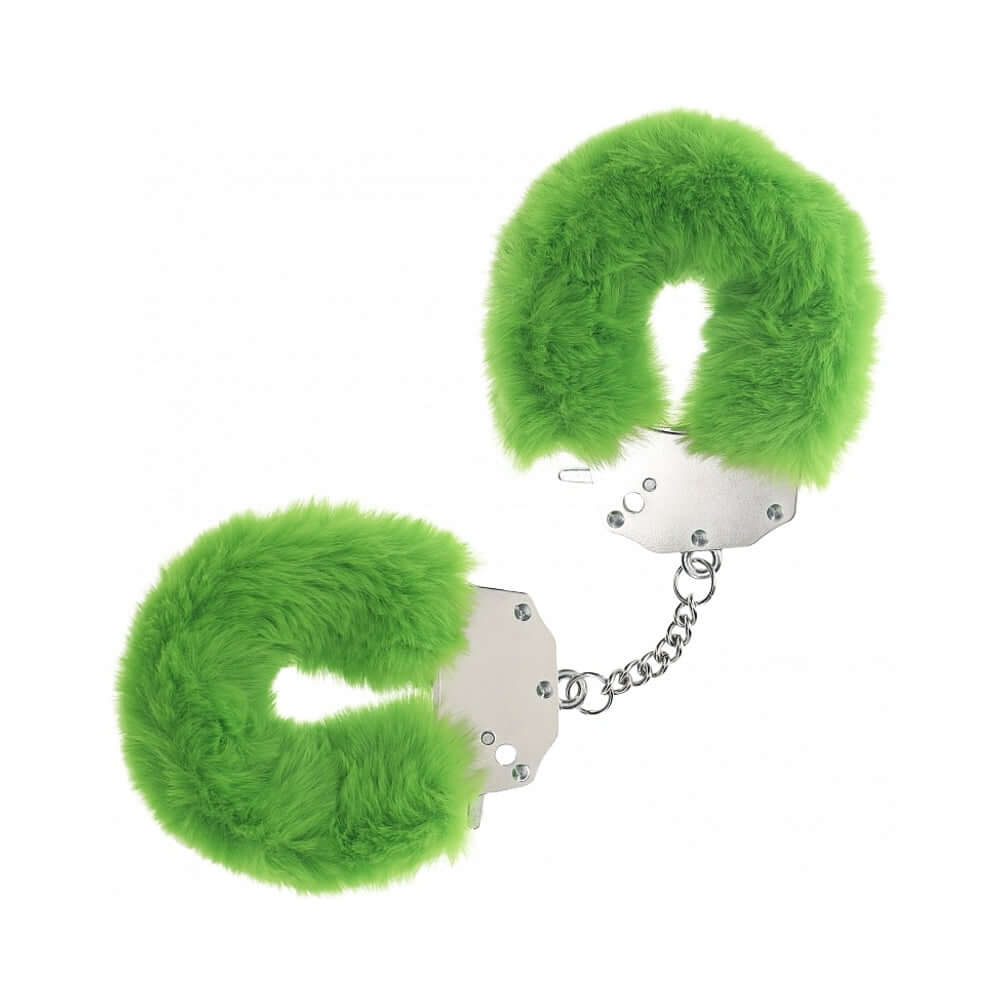 Ouch Heavy-Duty Fluffy Handcuffs Green with soft green fur and metal chain for comfortable restraint in intimate play.