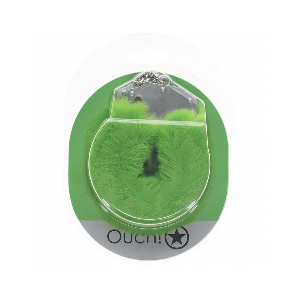 Ouch Heavy-Duty Fluffy Handcuffs Green in packaging with fluffy green material and metal details.