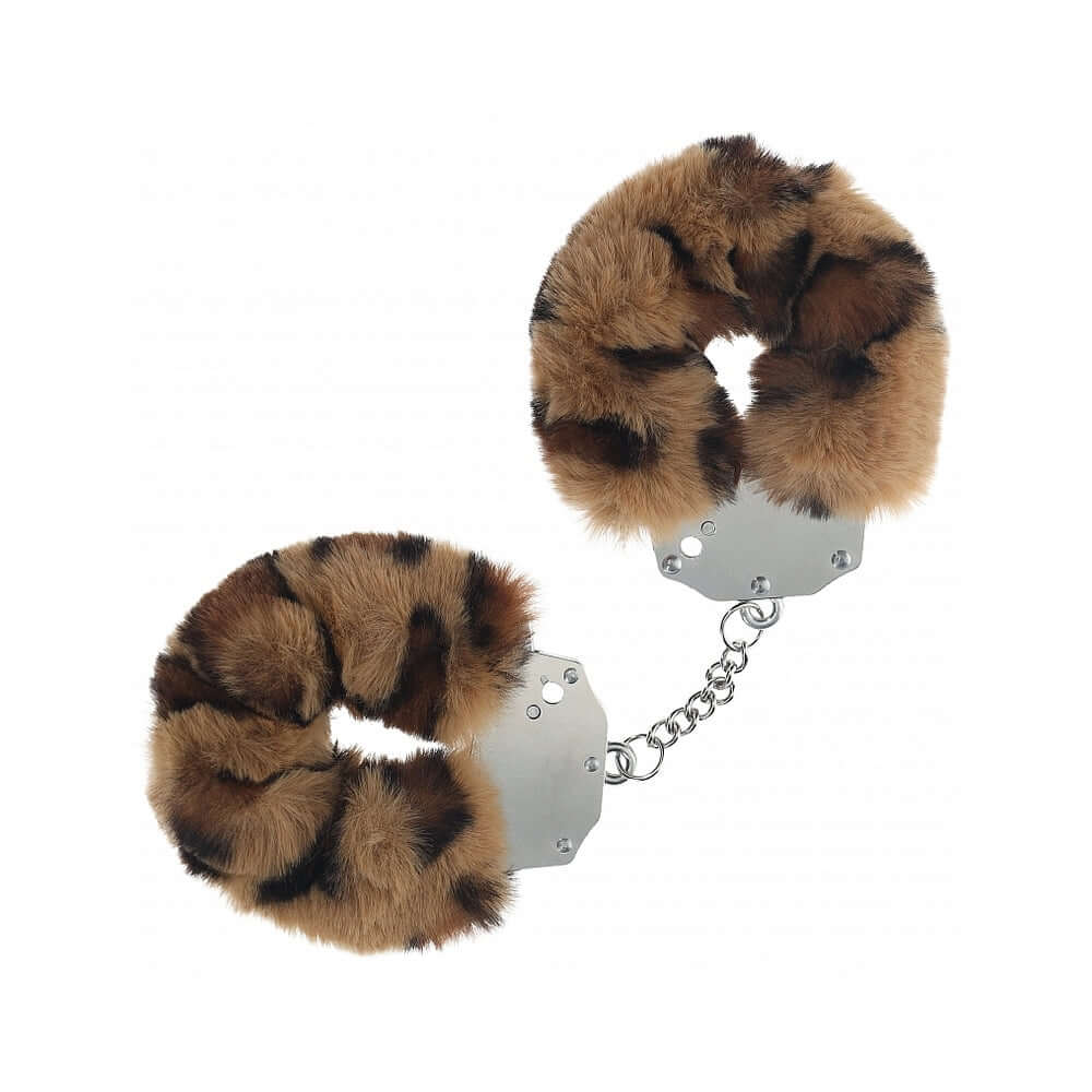 Ouch Heavy-Duty Fluffy Handcuffs Leopard with plush leopard print and sturdy metal core for comfort and durability.