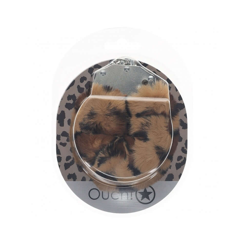Ouch Heavy-Duty Fluffy Handcuffs Leopard in leopard-print packaging, showcasing plush design and sturdy metal core.