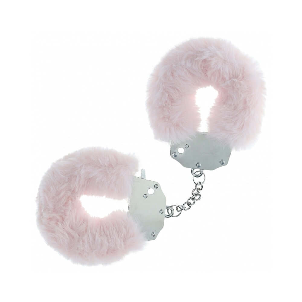 Ouch Heavy-Duty Fluffy Handcuffs Powder Pink with plush faux fur and metal construction for a secure and comfortable experience.