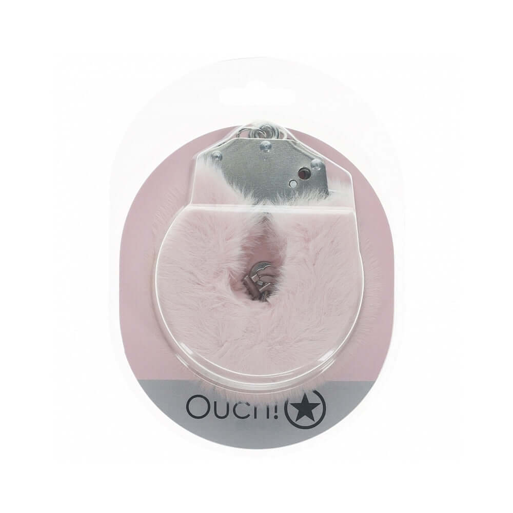 Ouch Heavy-Duty Fluffy Handcuffs Powder Pink packaging showcasing fluffy cuffs with sturdy metal construction.