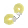 Ouch Heavy-Duty Fluffy Handcuffs Yellow with soft yellow fur and silver chain for playful intimacy.