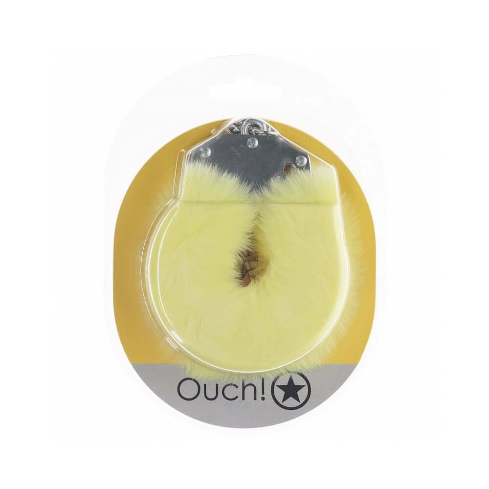 Ouch Heavy-Duty Fluffy Handcuffs Yellow in packaging with soft yellow fur and metallic parts for intimate fun.