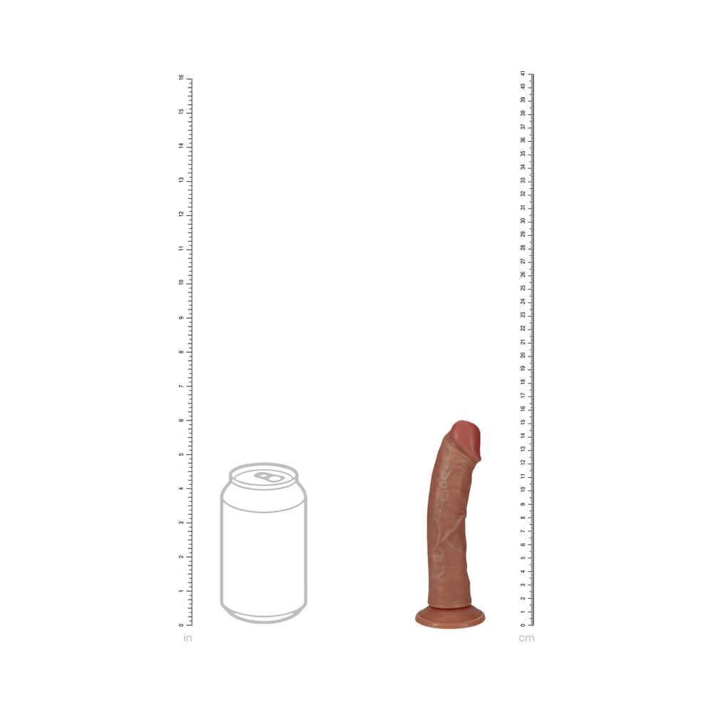 Image showing RealRock 6 inches Vibrating Cock Regular Curved Tan next to a soda can for size comparison.