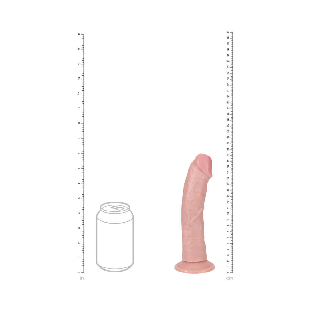 RealRock 8 inches Vibrating Cock Regular Curved Beige shown next to a can for size comparison.
