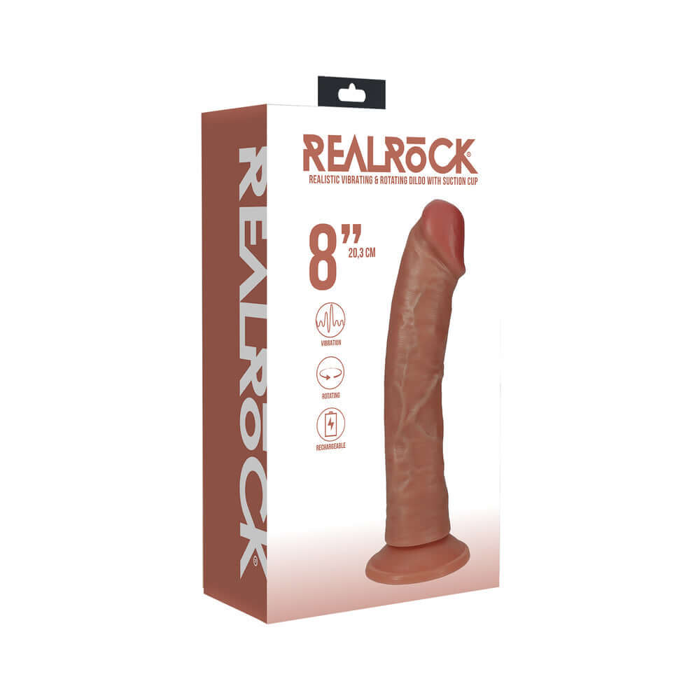 RealRock 8 inch Vibrating & Rotating Cock Curved Tan packaging showcasing realistic design with suction cup.