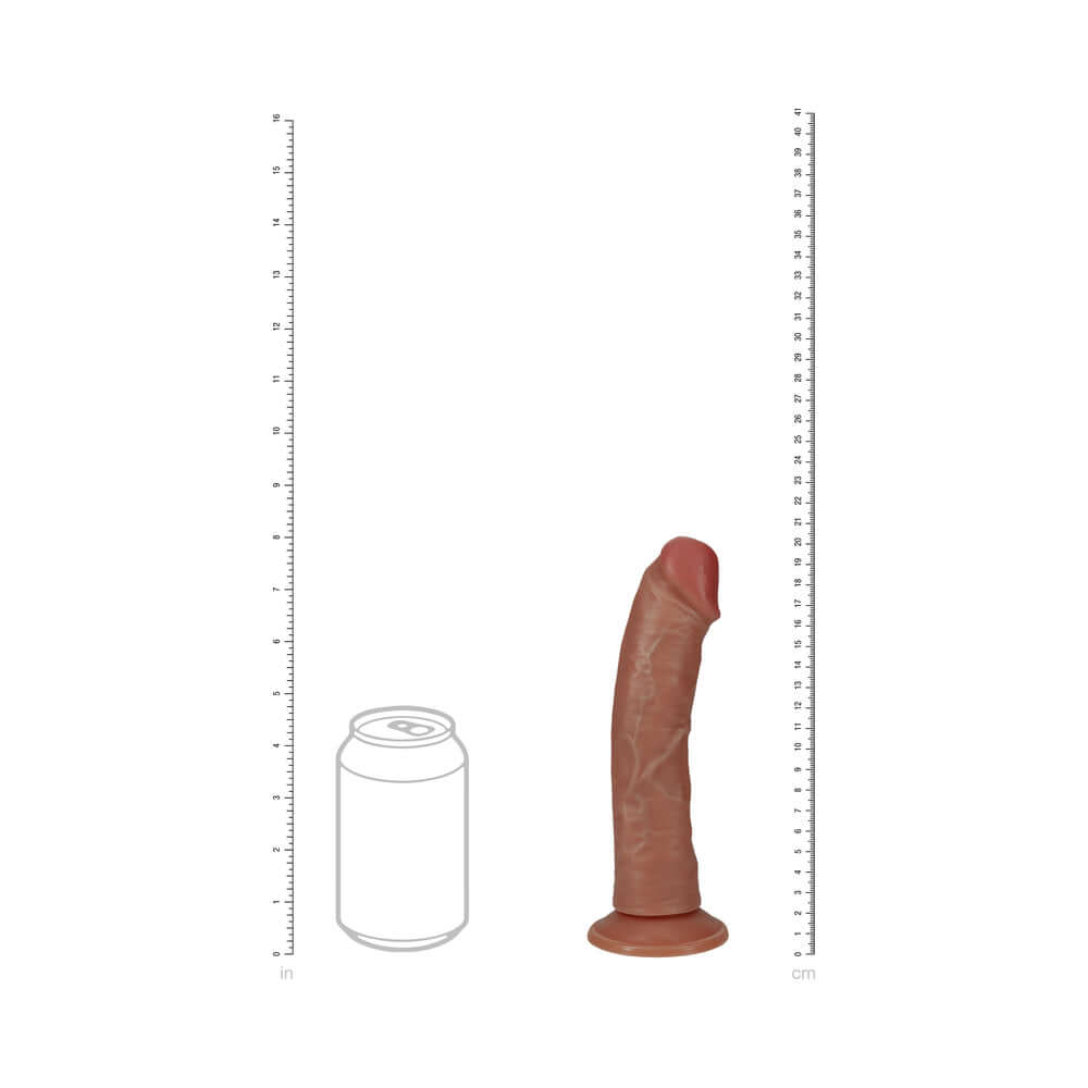 RealRock 8 inch Vibrating & Rotating Cock Curved Tan beside can for size comparison.