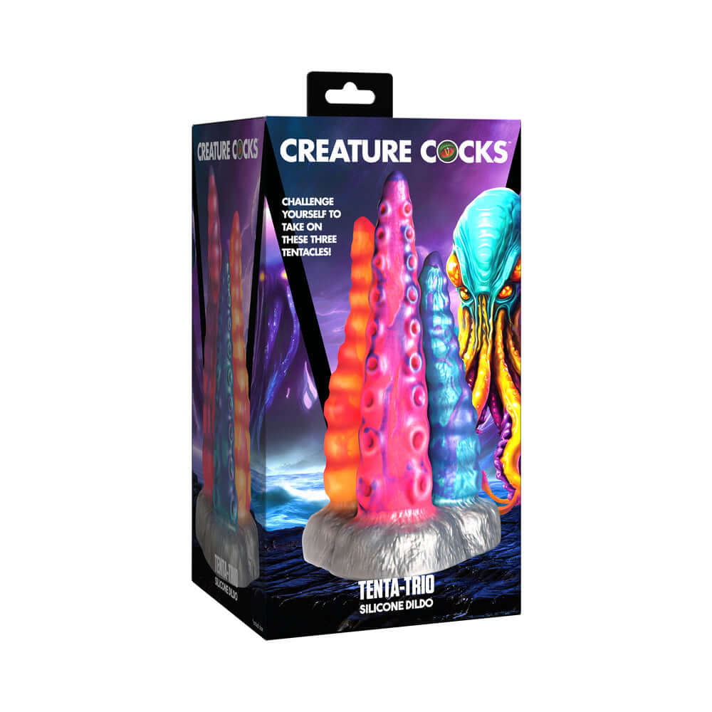 Creature Cocks Tentacle Trio Silicone Dildo packaging featuring vibrant tentacle designs in orange, pink, and blue.
