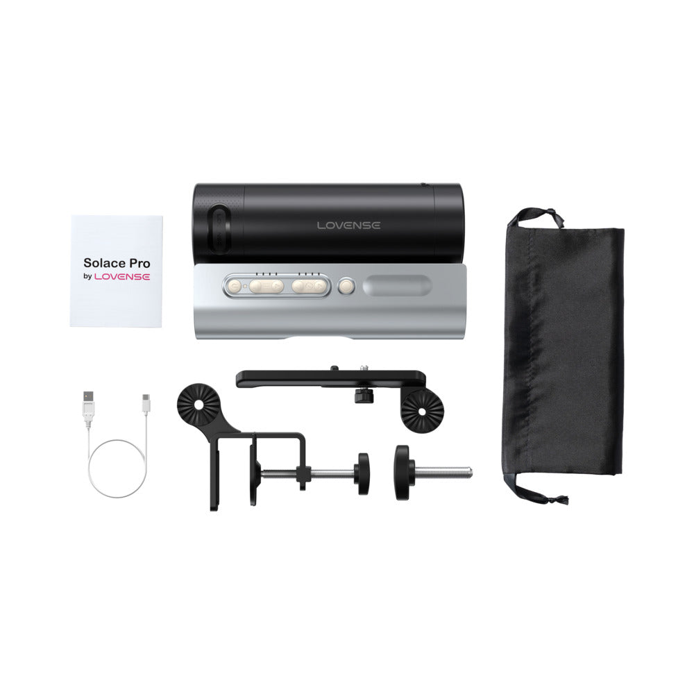 Lovense Solace Pro App Controlled Automatic Male Stroker with accessories, charging cable, and user manual.
