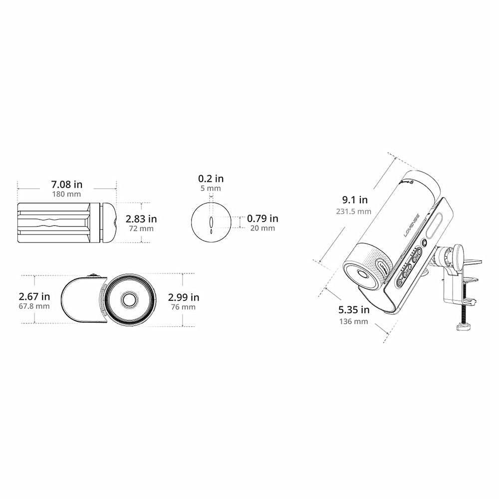 Dimensions and design specifications of the Lovense Solace Pro App Controlled Automatic Male Stroker.