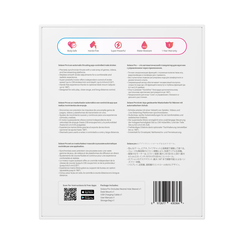 Back packaging of Lovense Solace Pro App Controlled Automatic Male Stroker with features and instructions.