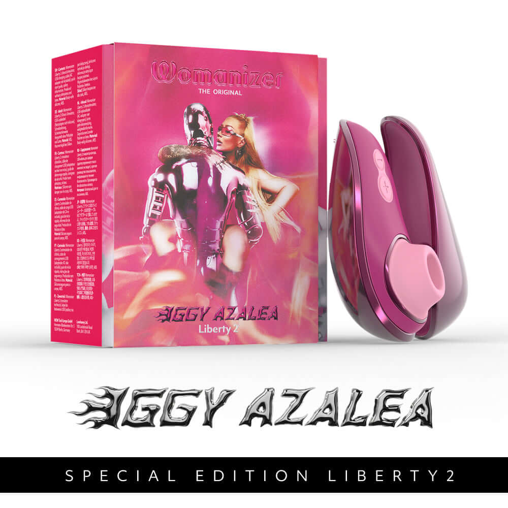 Womanizer x Iggy Azalea Liberty 2 Special Edition Metal Pink product packaging and device display.